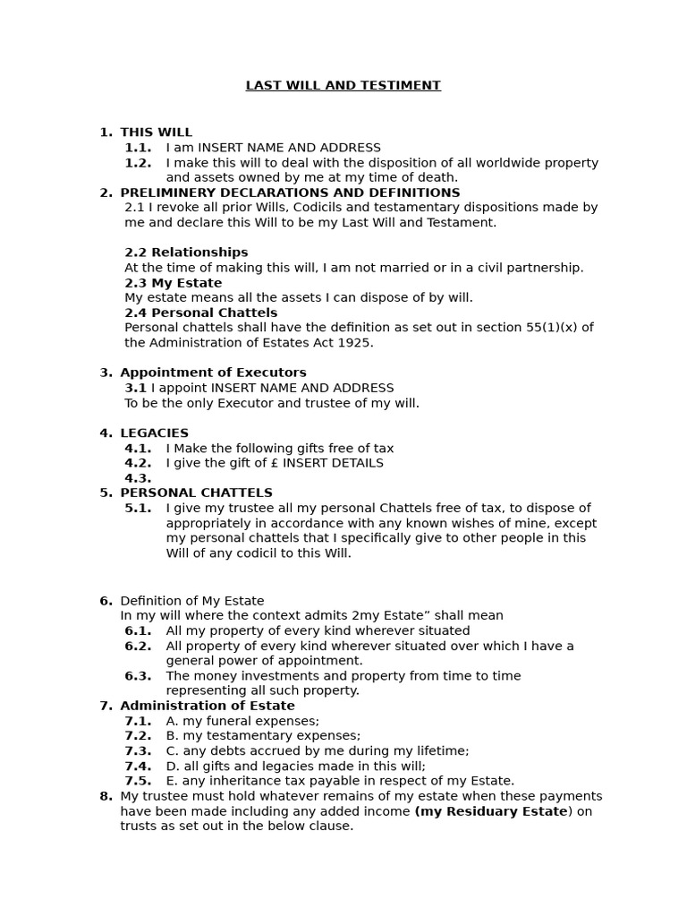 Last Will and Testiment Template PDF Will And Testament Social