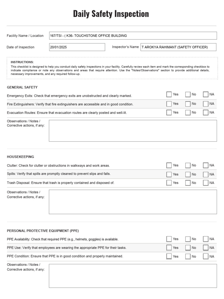 Daily Safety Inspection Checklist | PDF | Occupational Safety And ...