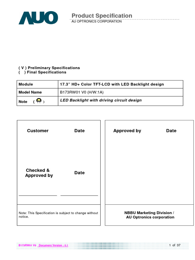 B173RW01 V0 17.3" TFT-LCD Specs | PDF | Liquid Crystal Display ...