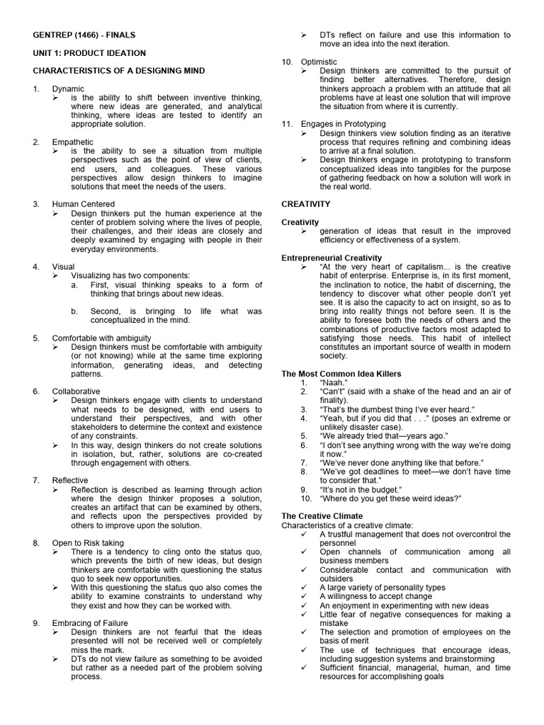 GENTREP Finals Reviewer | PDF | Entrepreneurship | Innovation