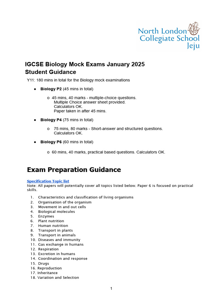 IGCSE Biology Mock Exam Guide 2025 | PDF | Biology