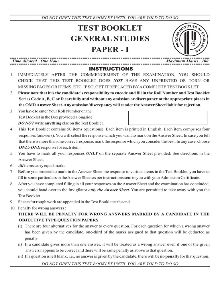 Test Booklet General Studies Paper - I: Instructions | PDF | Taxes ...