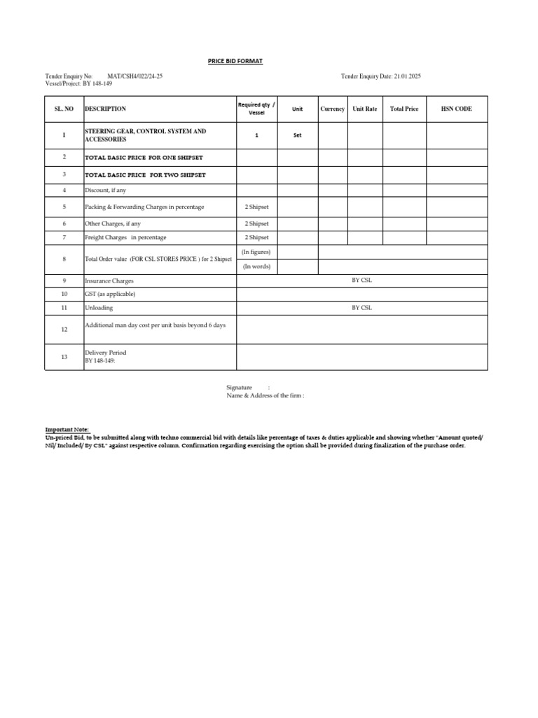 Price Bid Format for Shipset Tender | PDF