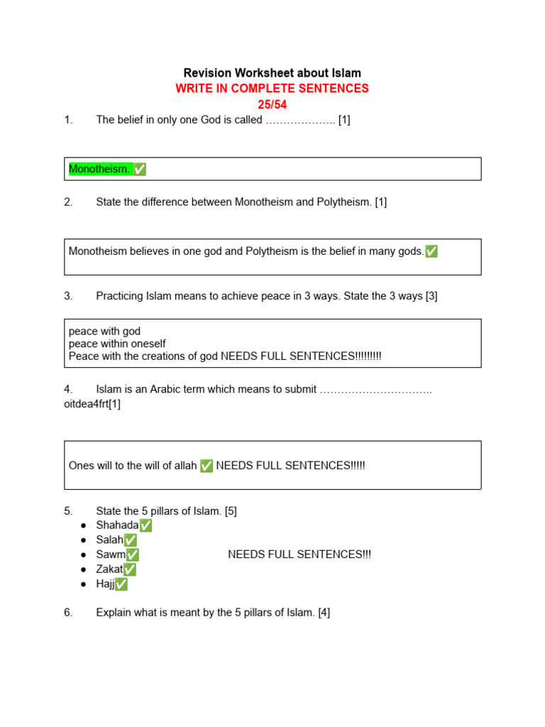 Rui Xiang Reagan Tan - Revision Worksheet About Islam | PDF | Quran | Islam