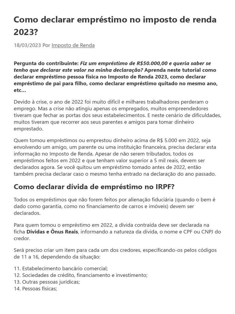Como Declarar EMPRÉSTIMO No Imposto de Renda 2023 - REVISAR | PDF ...