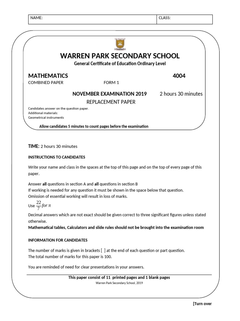Form 1 Replacement Paper 2019 | PDF | Area | Mathematics
