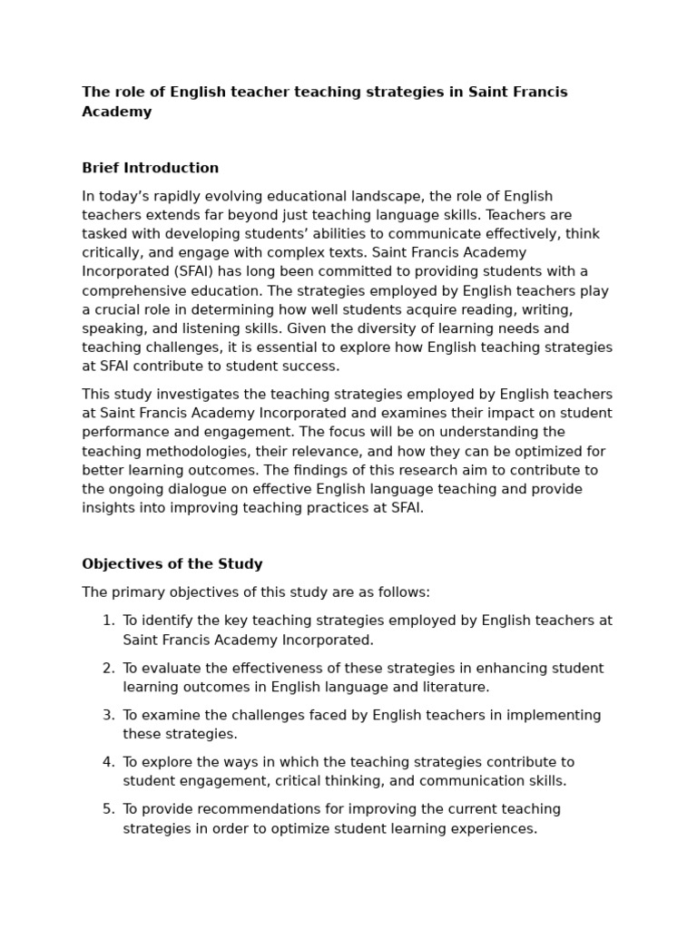 The Role of English Teacher Teaching Strategies in Saint Francis ...