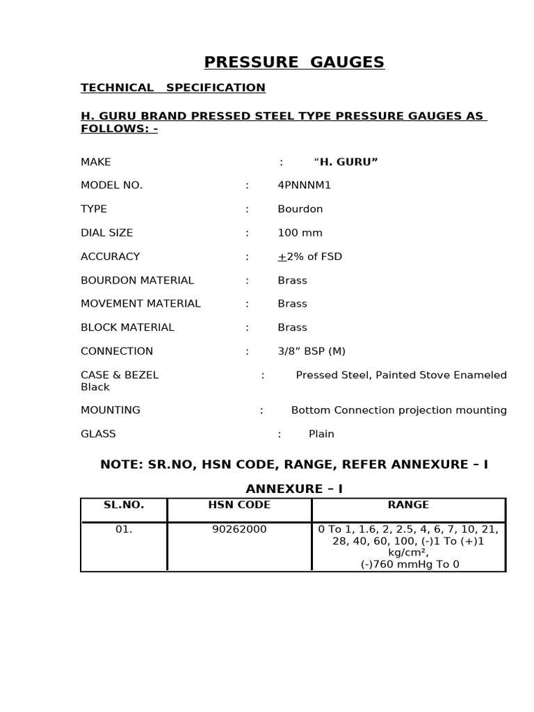 H. Guru Pressure Gauge Specifications | PDF | Pressure Measurement ...