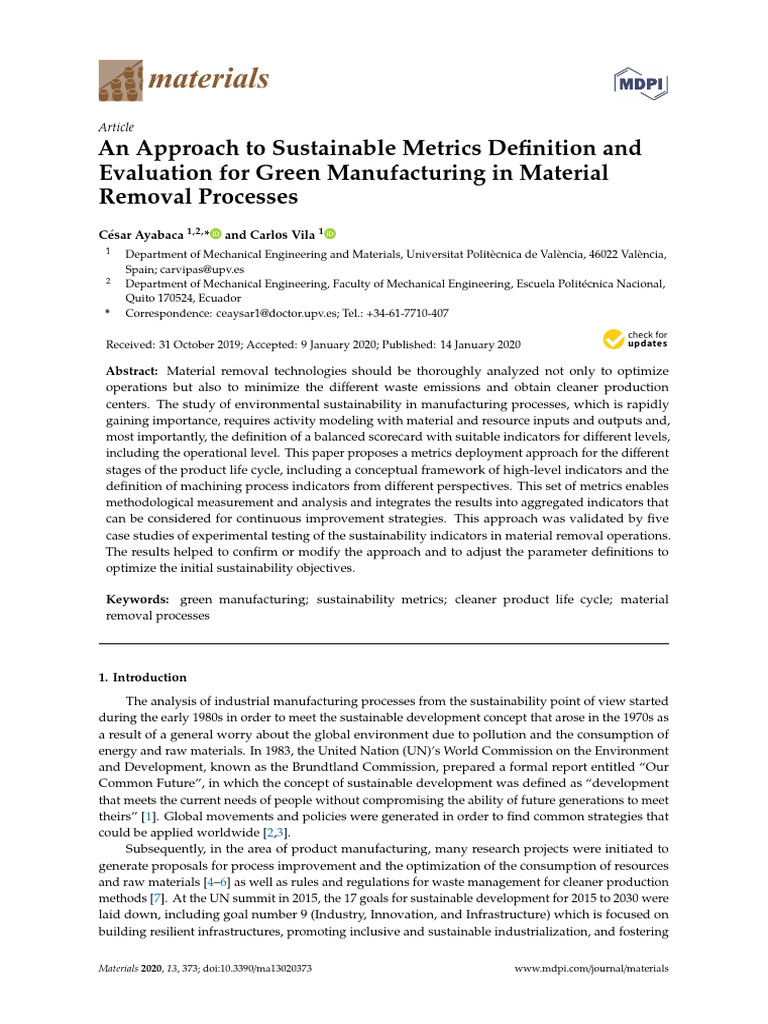Sustainable Metrics for Green Manufacturing | PDF | Life Cycle ...
