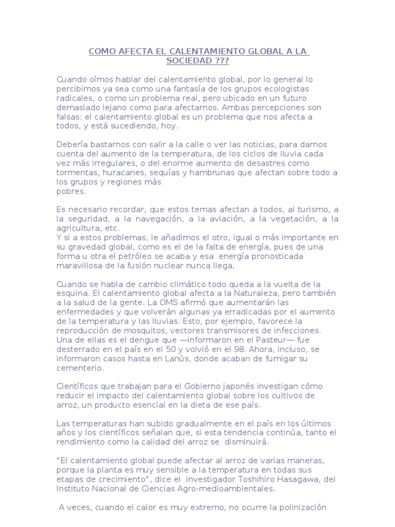 Impacto del Calentamiento Global en la Sociedad | PDF | Calentamiento ...