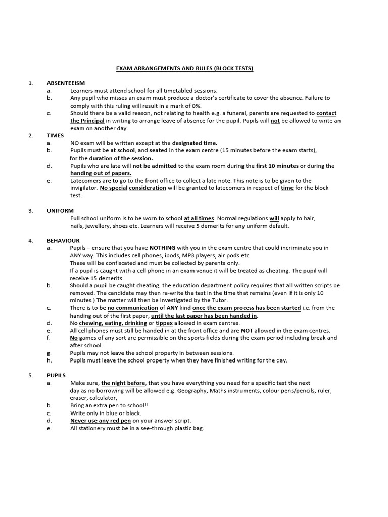 EXAM ARRANGEMENTS Block Tests | PDF