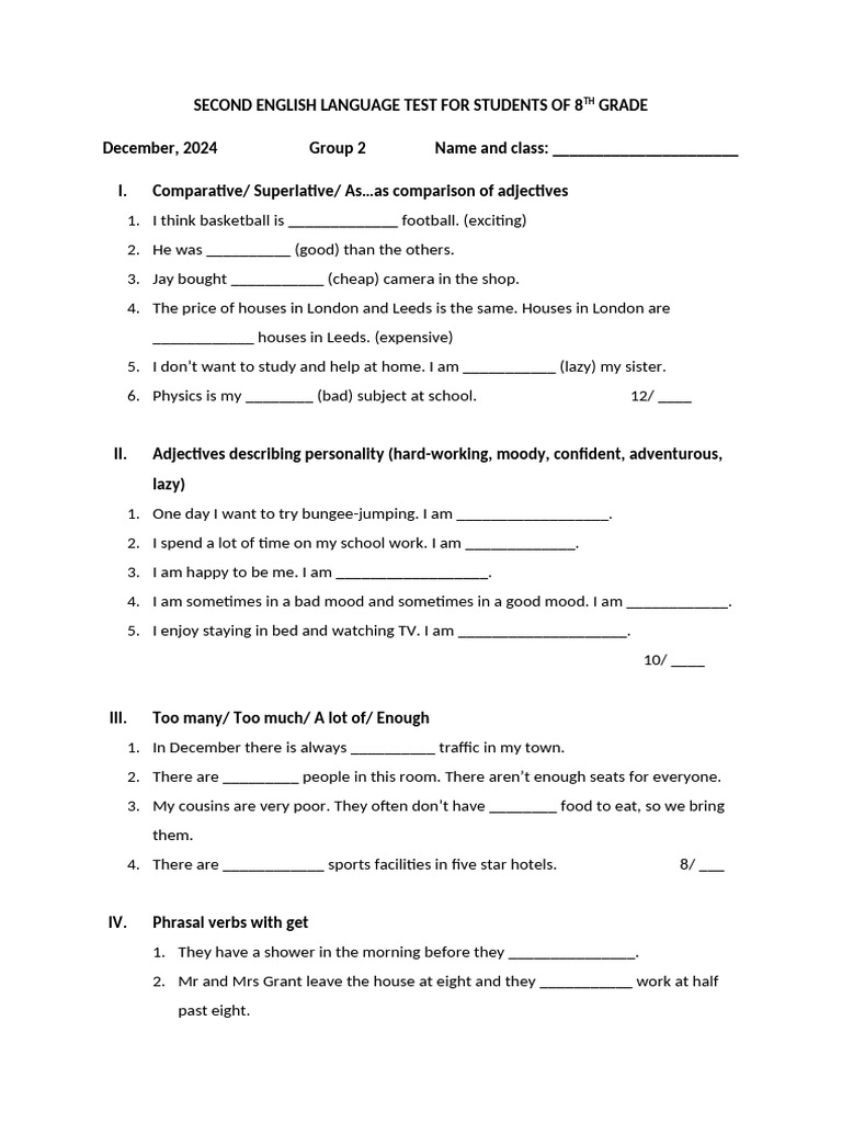8th Grade English Language Test 2024 | PDF | Language Families ...