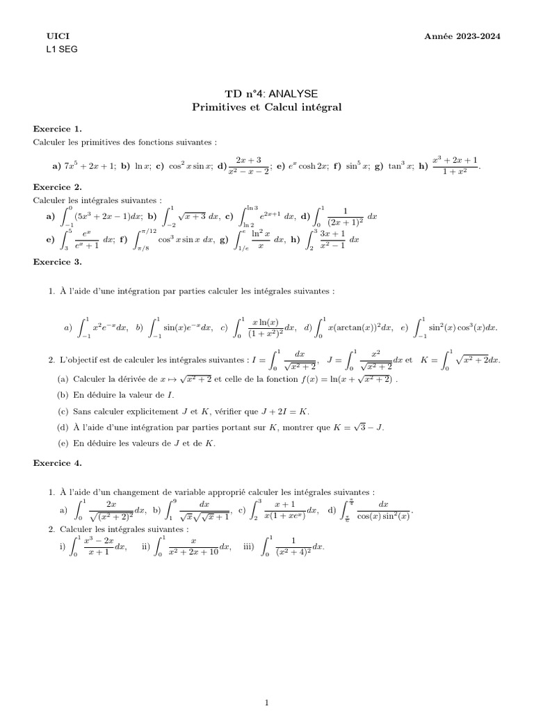 TD 4 : Primitives et Intégrales | PDF | Intégral | Algèbre