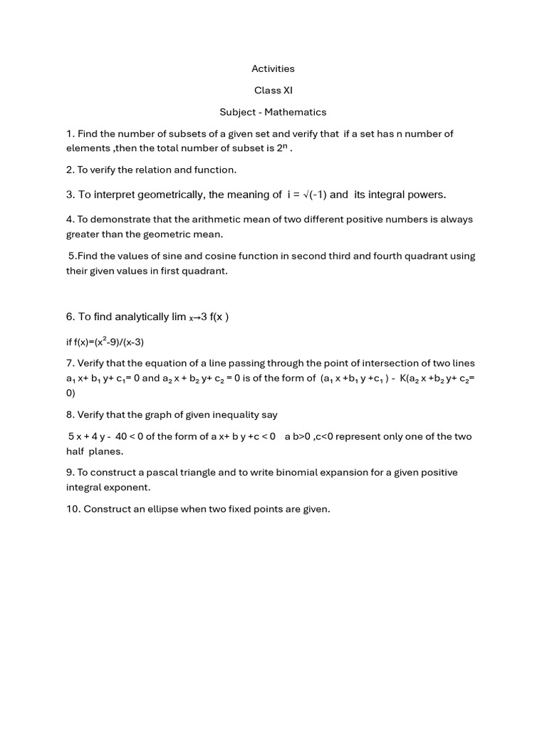 Class XI Mathematics Activities Guide | PDF