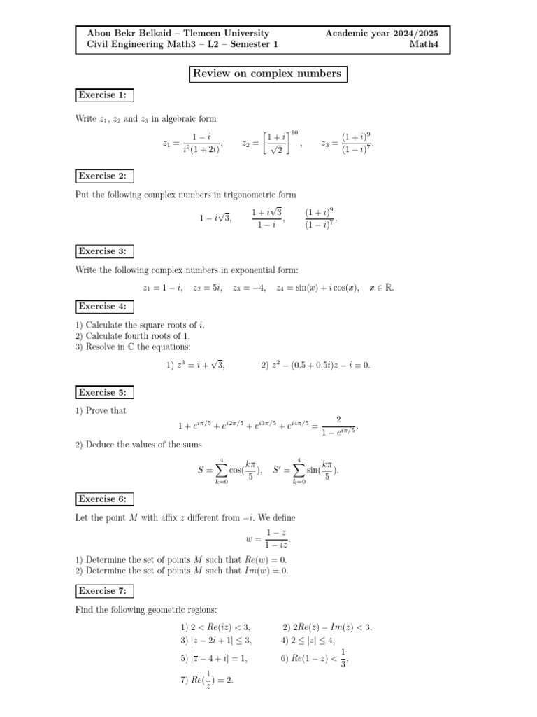 Complex Numbers Exercises for Civil Engineering | PDF | Mathematical ...