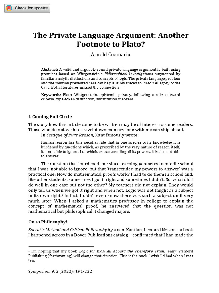 The Private Language Argument - Another Footnote To Plato? | PDF ...