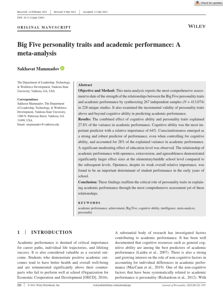 Big Five Traits Impact on Academic Success | PDF | Psychology ...