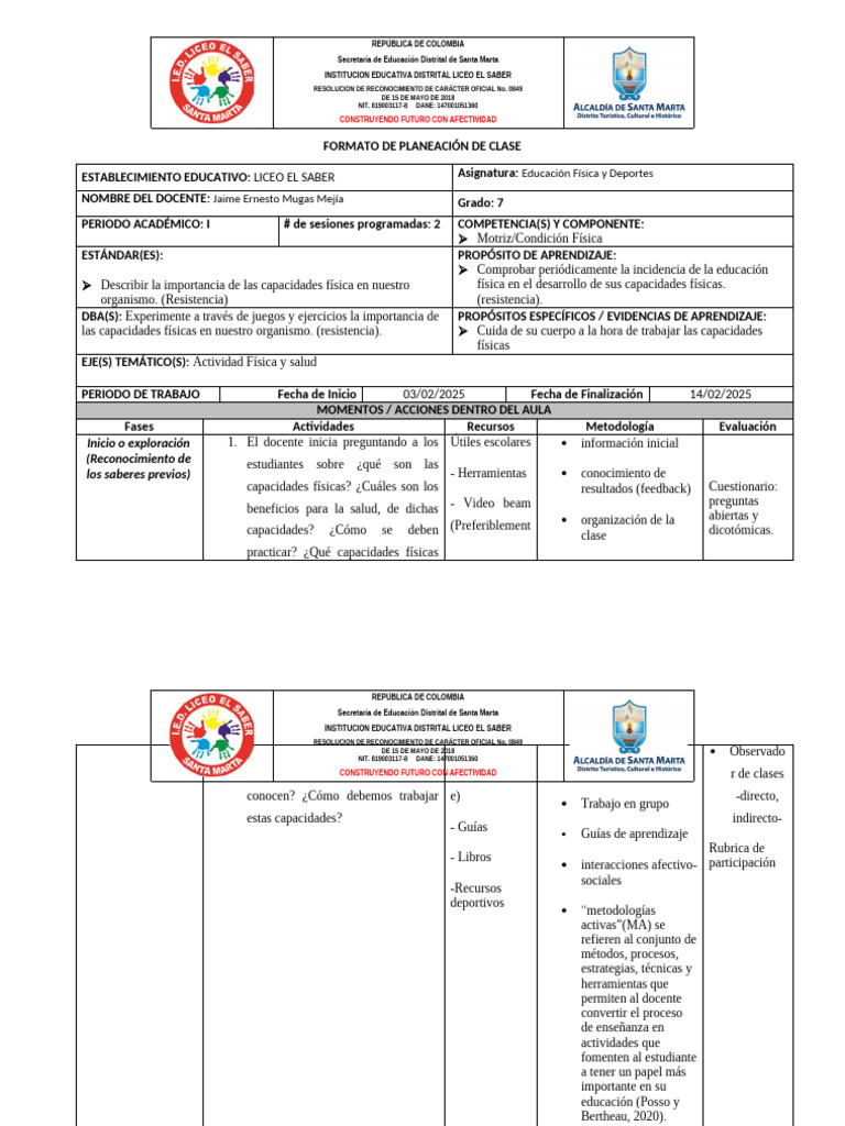Planeador de Aula 2024 7 Clase 1 | PDF | Maestros | Aprendizaje