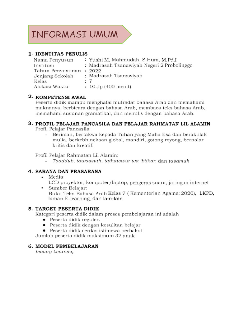 Contoh Modul Ajar Bahasa Arab MTs - MTs Arabic | PDF