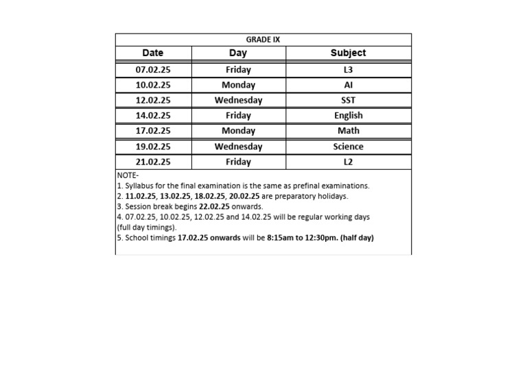 Grade IX Exam Schedule and Holidays | PDF