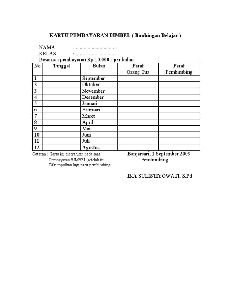 Kartu Pembayaran Bimbel