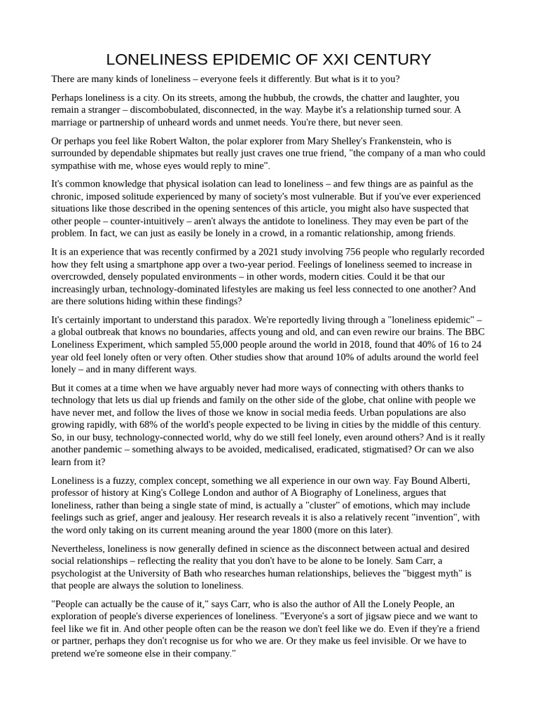 Understanding the Loneliness Epidemic | PDF | Loneliness | Psychology