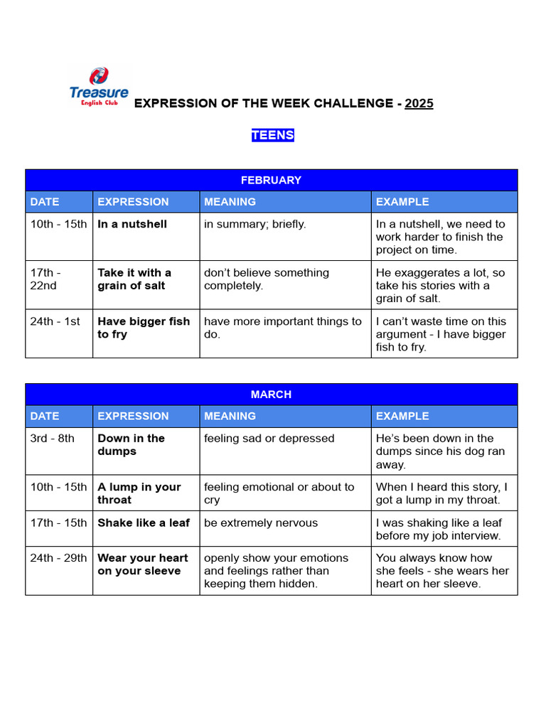 Expressions Challenge - February and March (Teens) | PDF