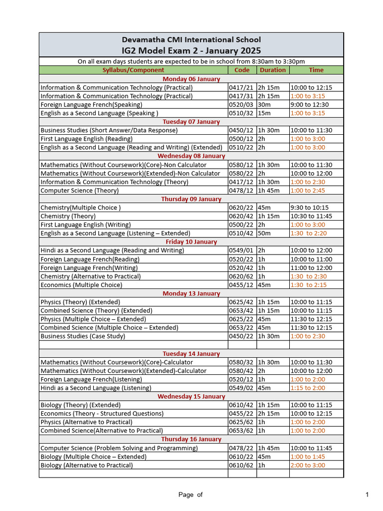 Exam Schedule for January 2025 | PDF | Science | Physics