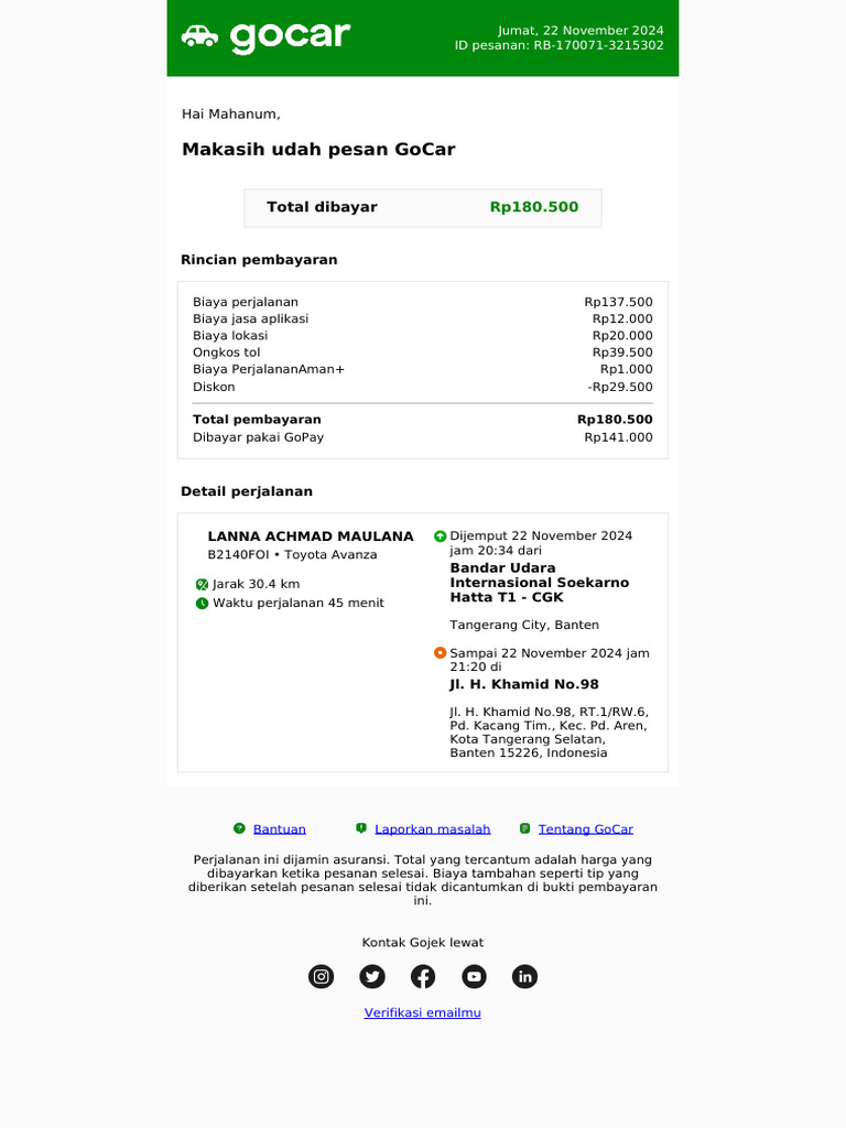 Rincian Pembayaran GoCar Gojek 22 Nov 2024 | PDF