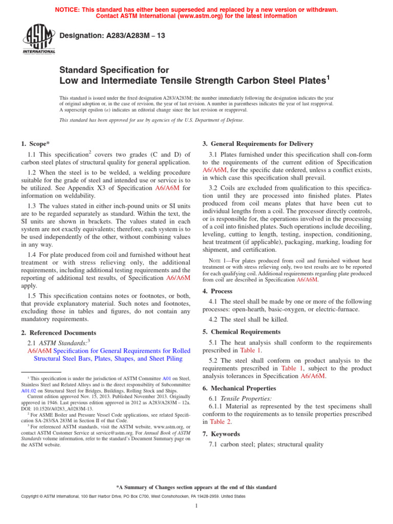 A 283 2013 Specification For Low and Intermediate Tensile Strength ...