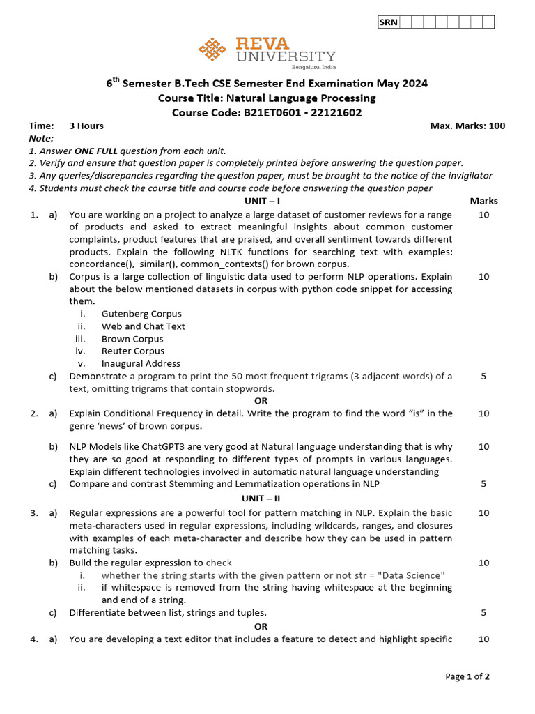 B.Tech CSE NLP Exam Paper May 2024 | PDF | Regular Expression | String ...