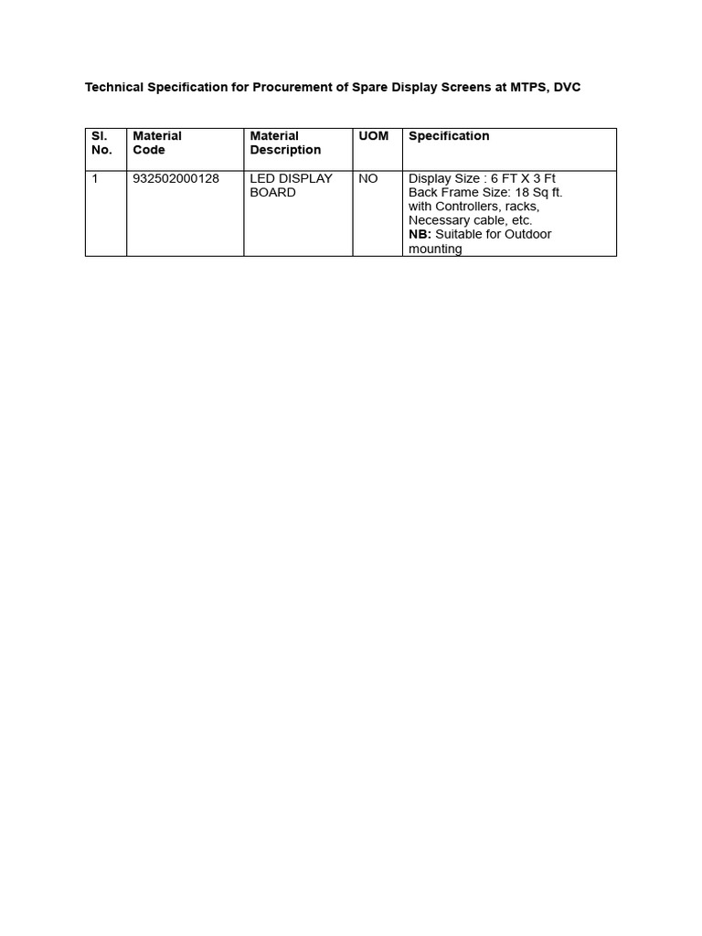 MTPS Spare LED Display Screen Specs | PDF