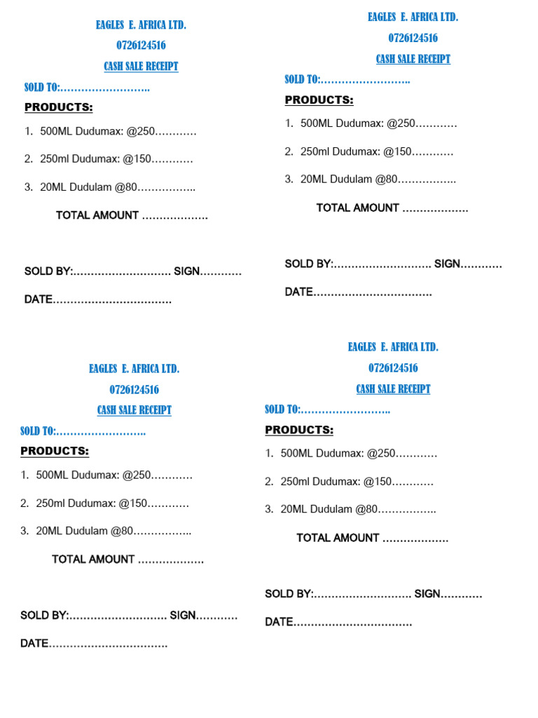 Cash Sale Receipt - Eagles E. Africa Ltd. | PDF