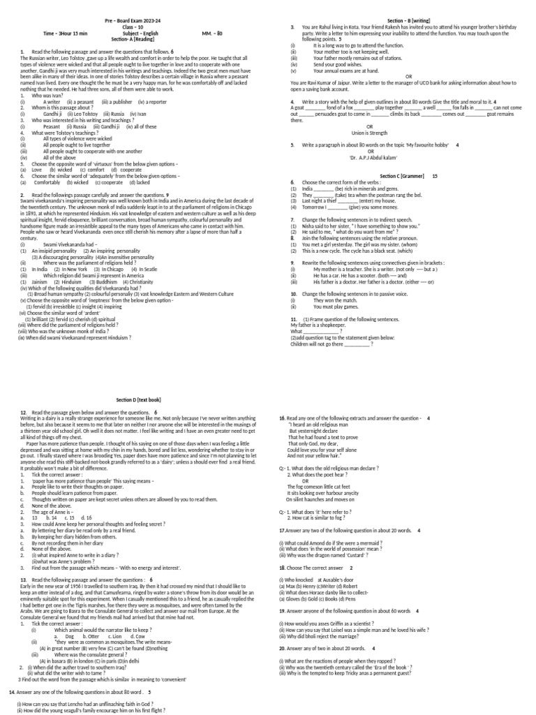 Class 10 English Pre-Board Exam 2023-24 | PDF | Swami Vivekananda | Leo ...