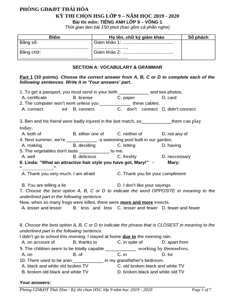 English Exam for 9th Grade Students | PDF