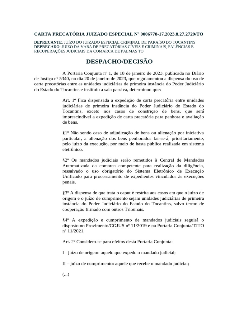 CARTA PRECATÓRIA - Distribuída Anterior A Vigência Da Portaria 1-2023 ...