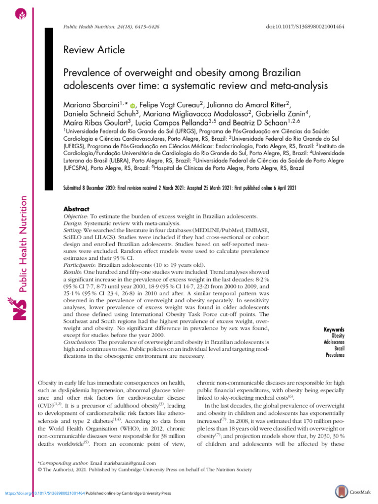 Overweight and Obesity Trends in Brazilian Adolescents | PDF | Obesity ...