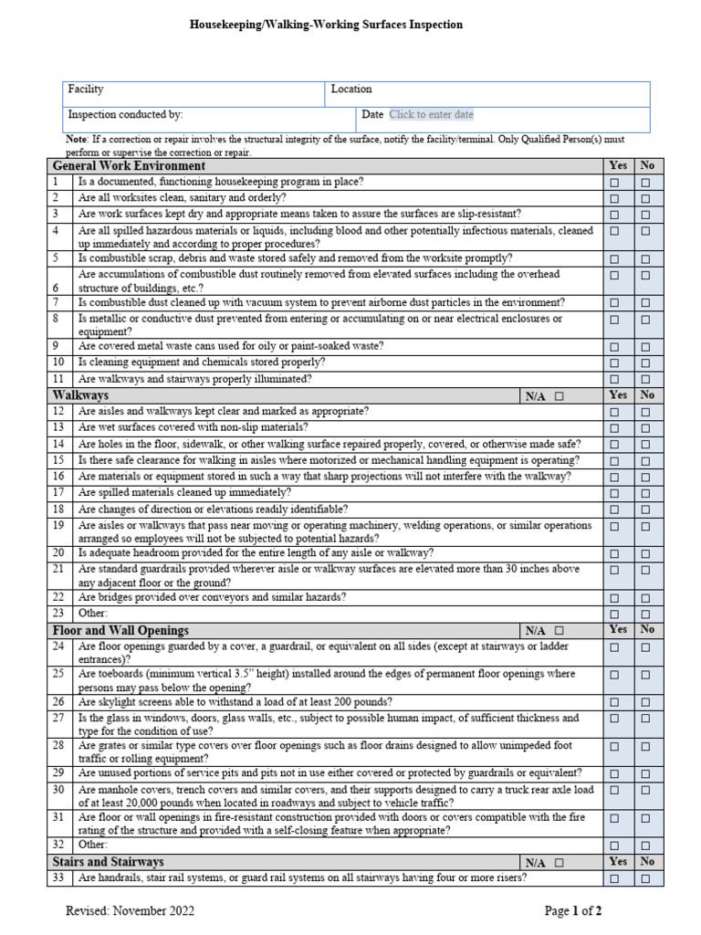 Housekeeping and Safety Inspection Checklist | PDF | Stairs