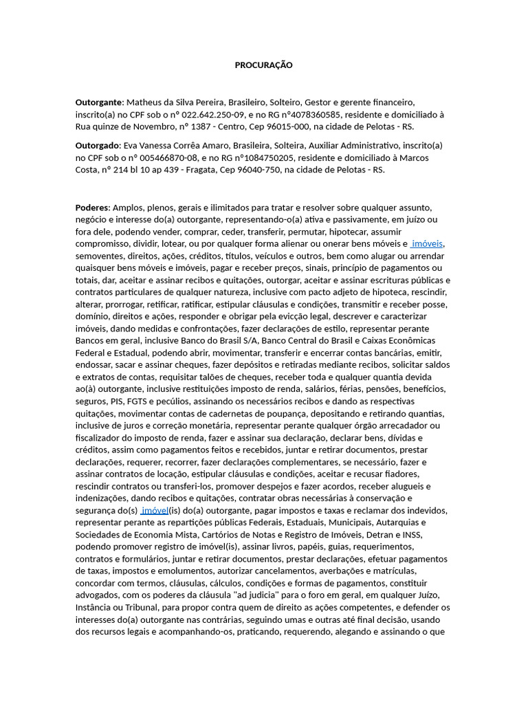 Procuração Geral de Matheus Pereira | PDF | Impostos | Cheque (banco)