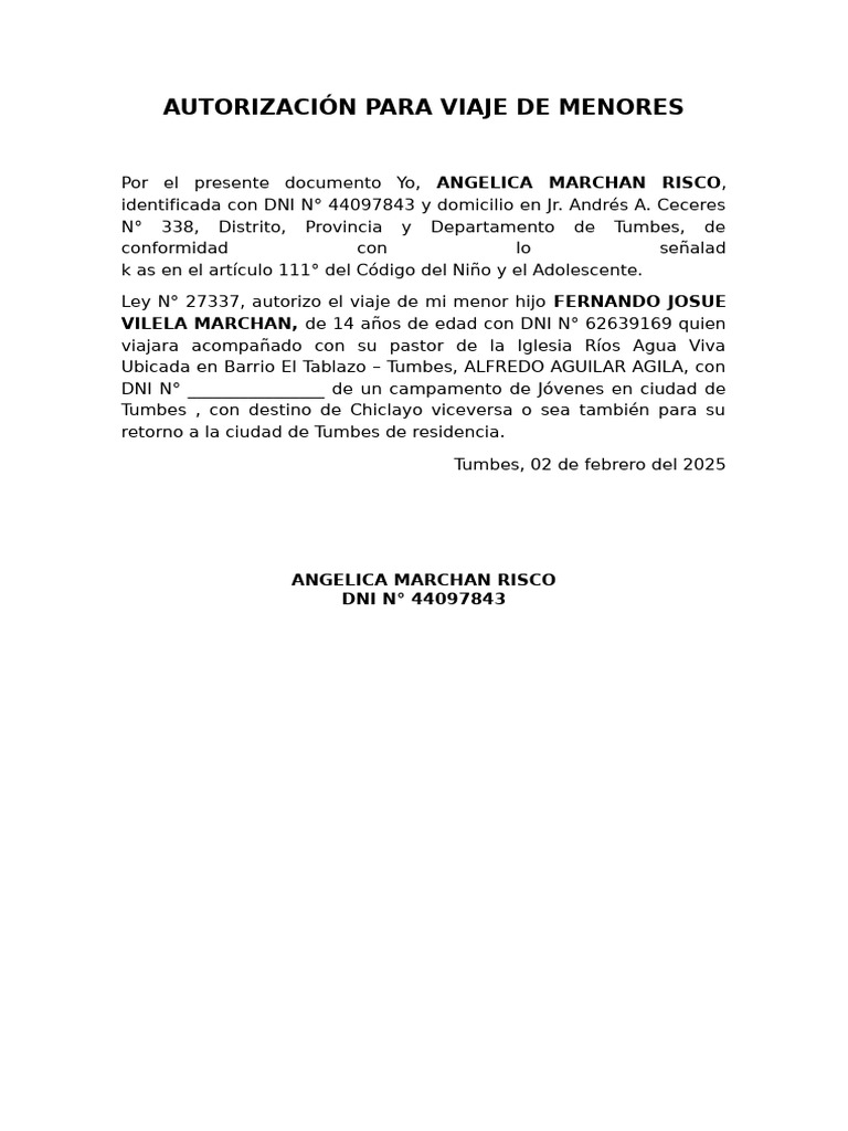 Autorización de Viaje para Menores | PDF