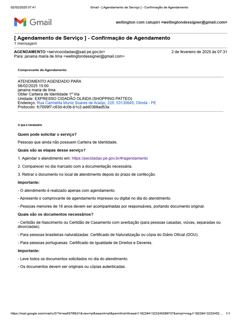 Gmail - [ Agendamento de Serviço ] - Confirmação de Agendamento | PDF