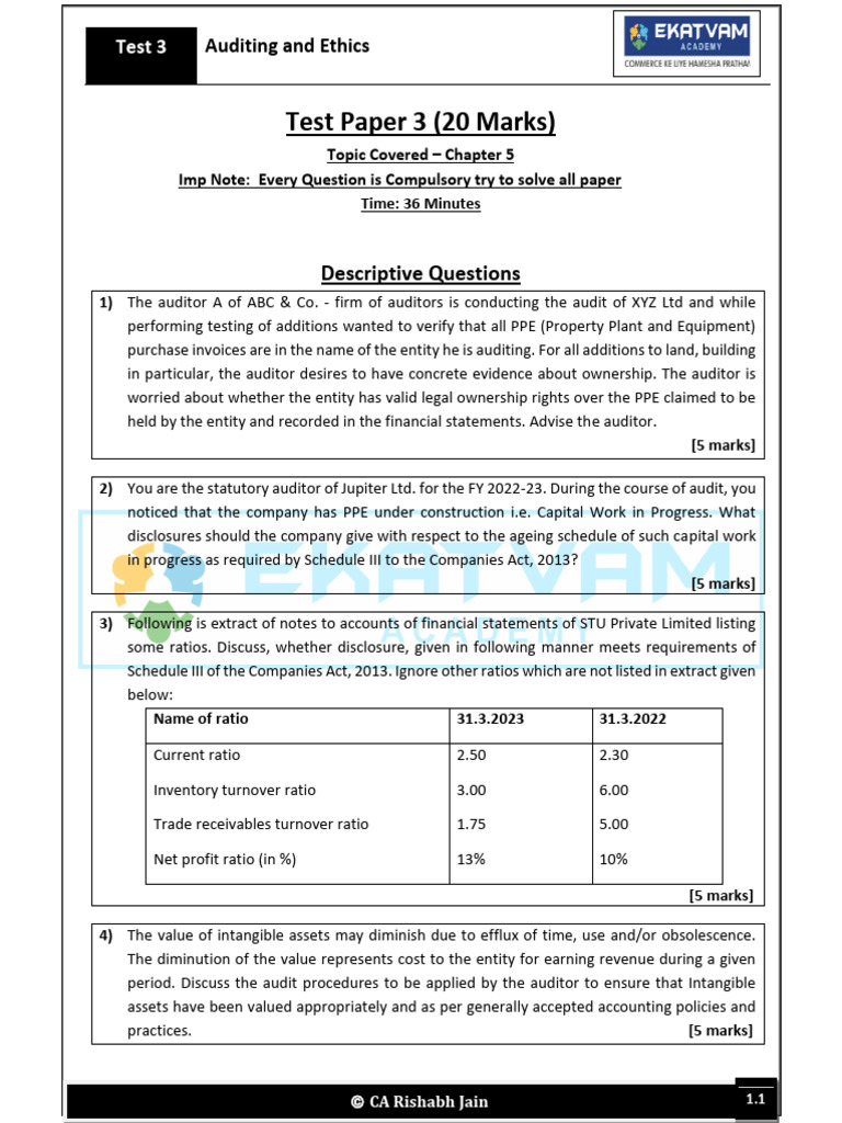 Inter Audit Descriptive Test Paper 3 | PDF | Audit | Revenue