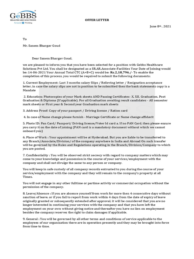 Offer Letter for SR.AR.Associate Position | PDF | Government ...
