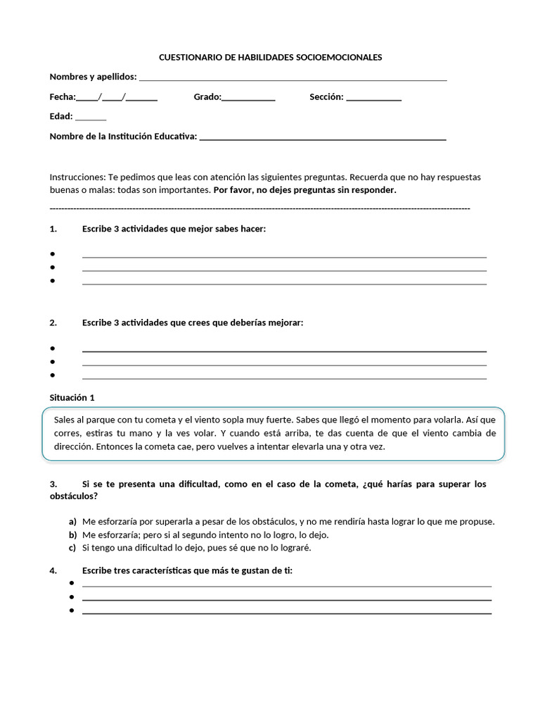 Cuestionario de Habilidades Socioemocionales | PDF
