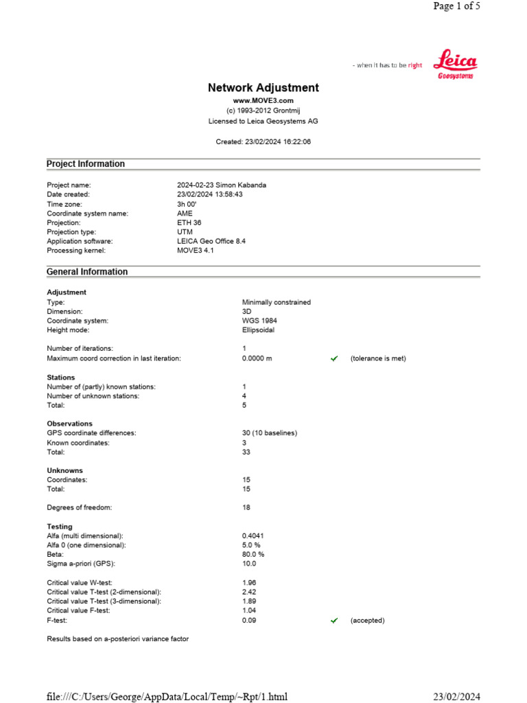 Adjustment Report Pdf Geodesy Statistical Theory