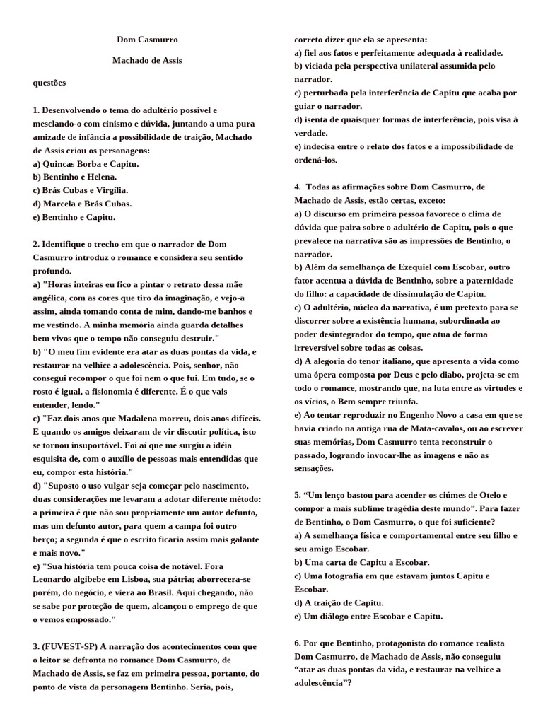 Análise de Dom Casmurro: Questões e Temas | PDF