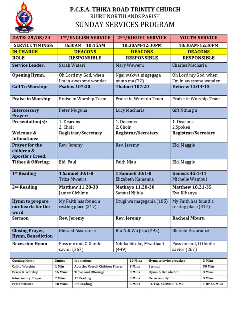 Trinity Services Program - 25th Aug | PDF | Hymns | Worship