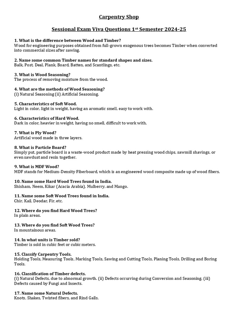 Carpentry Shop Exam Questions 2024-25 | PDF | Wood | Lumber