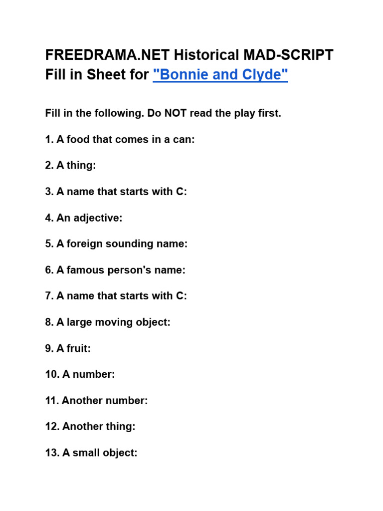 Bonnie and Clyde Mad Libs Script PDF