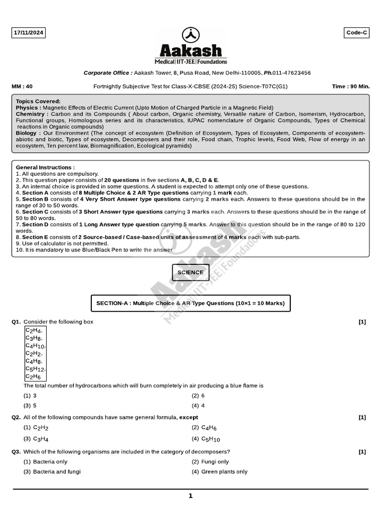 FST-7C (CBSE - G-1) Science (C-10) (17-11-2024) | PDF